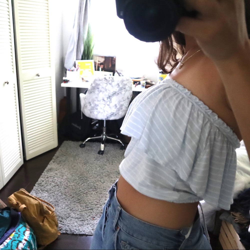 Cute Baby Blue Striped Strapless Loose Tube Top - Picture 3 of 5